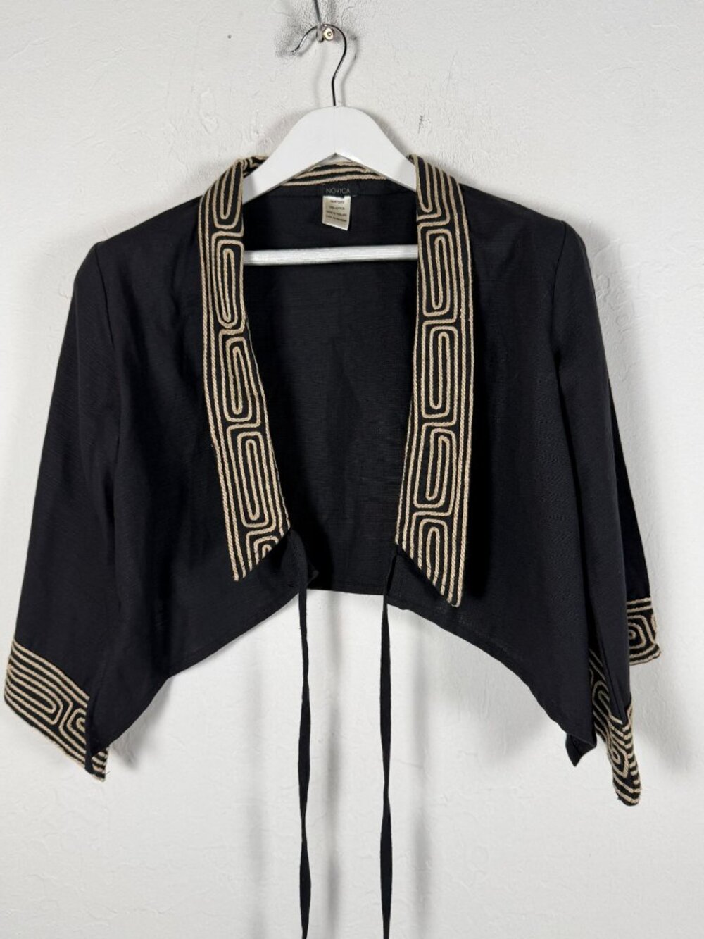 Novica Women's Black Tie Front Cropped Jacket Embroidered Trim 100% Cotton OS